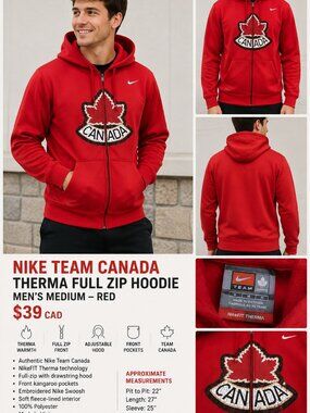 Nike Team Canada Therma Full Zip Hoodie Men's Medium Red Olympic Maple Leaf